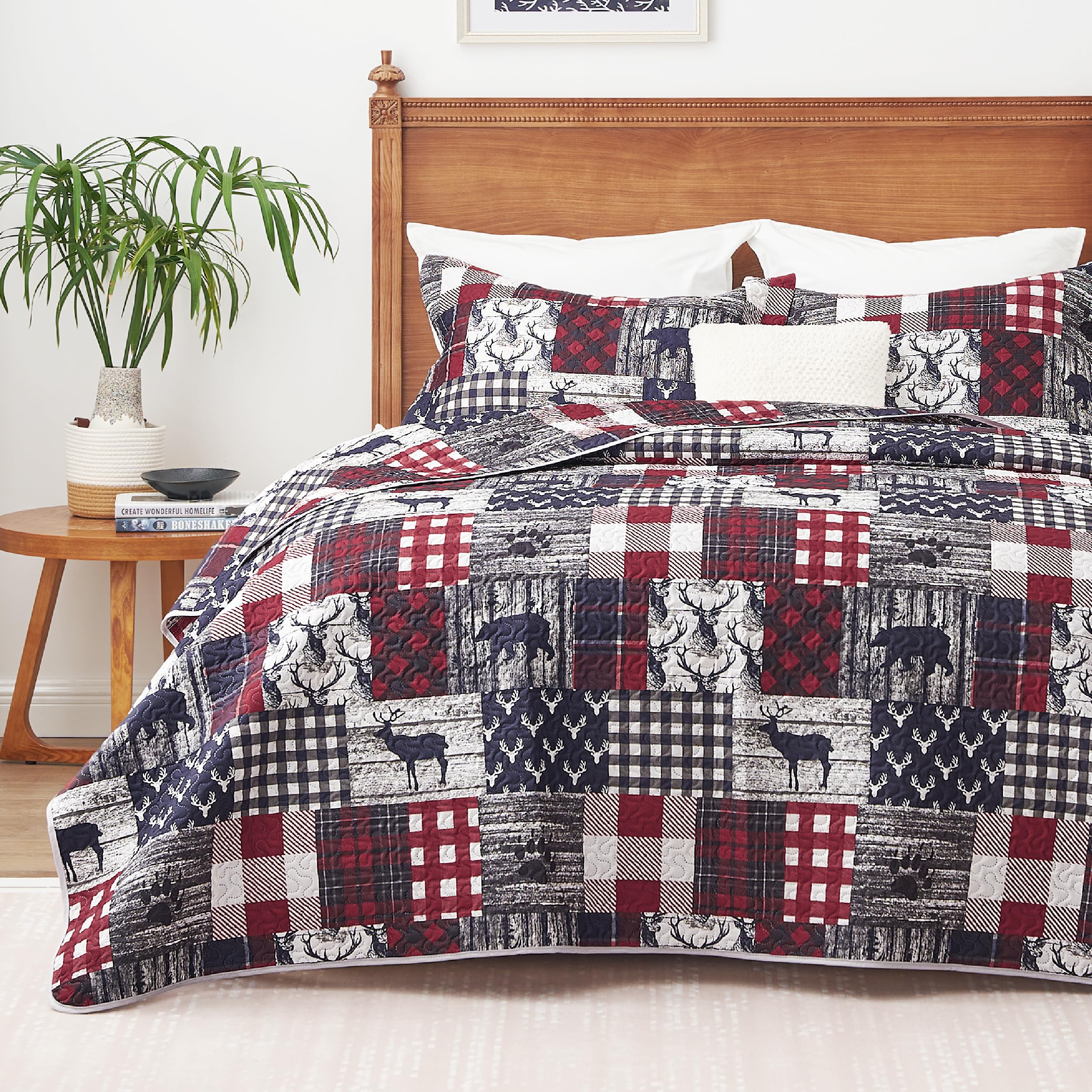 Ppolca Christmas Cabin Quilt Sets Queen, 3-Piece Lightweight Reversible All Season Deer Quilt Set, Lodge Bedspread Queen Size Qu